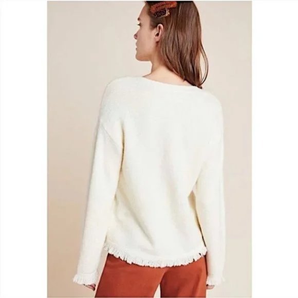 Anthropologie Joy Ivory Cream Fringed Hem V-Neck Sweater Size Small - Picture 2 of 11